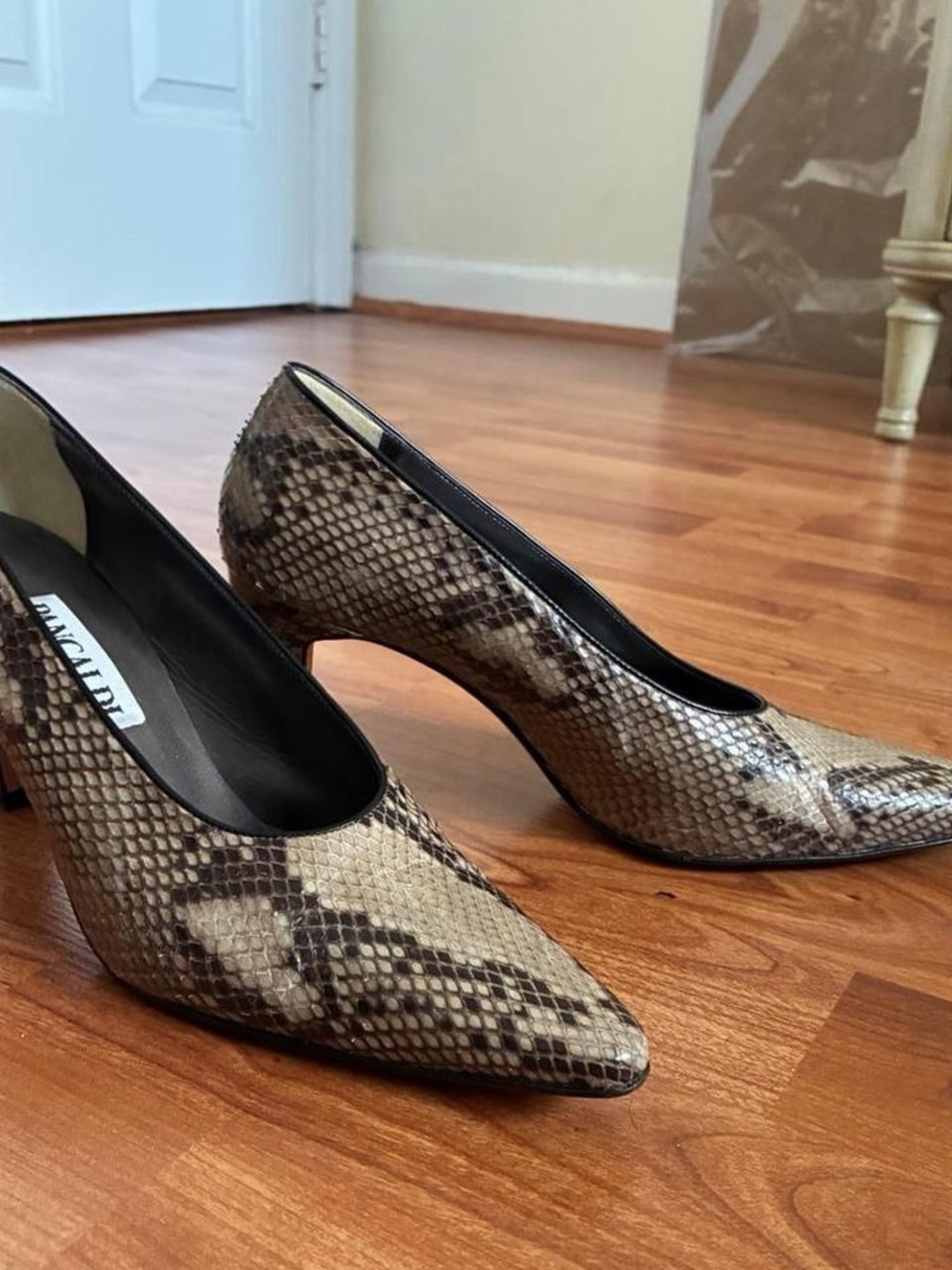 Snake-Effect Pointed Toe Pumps in Brown